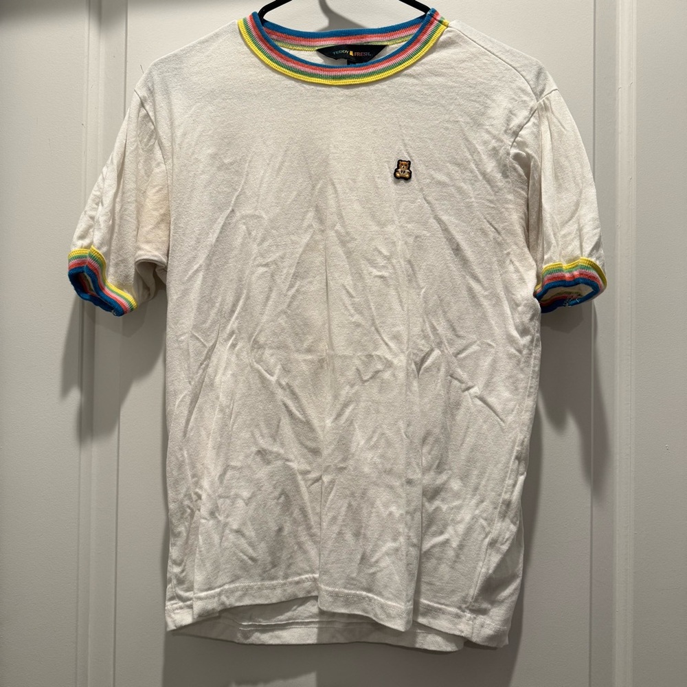 Teddy Fresh White Ringer Tee with Rainbow Trim and Bear Patch